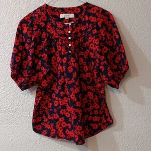 LOFT Vibrant Red and Navy Blue Floral Top, Floral Summer Blouse Ladies Size XS